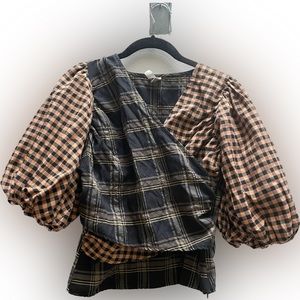 ASOS puffy sleeve multi plaid top US 4